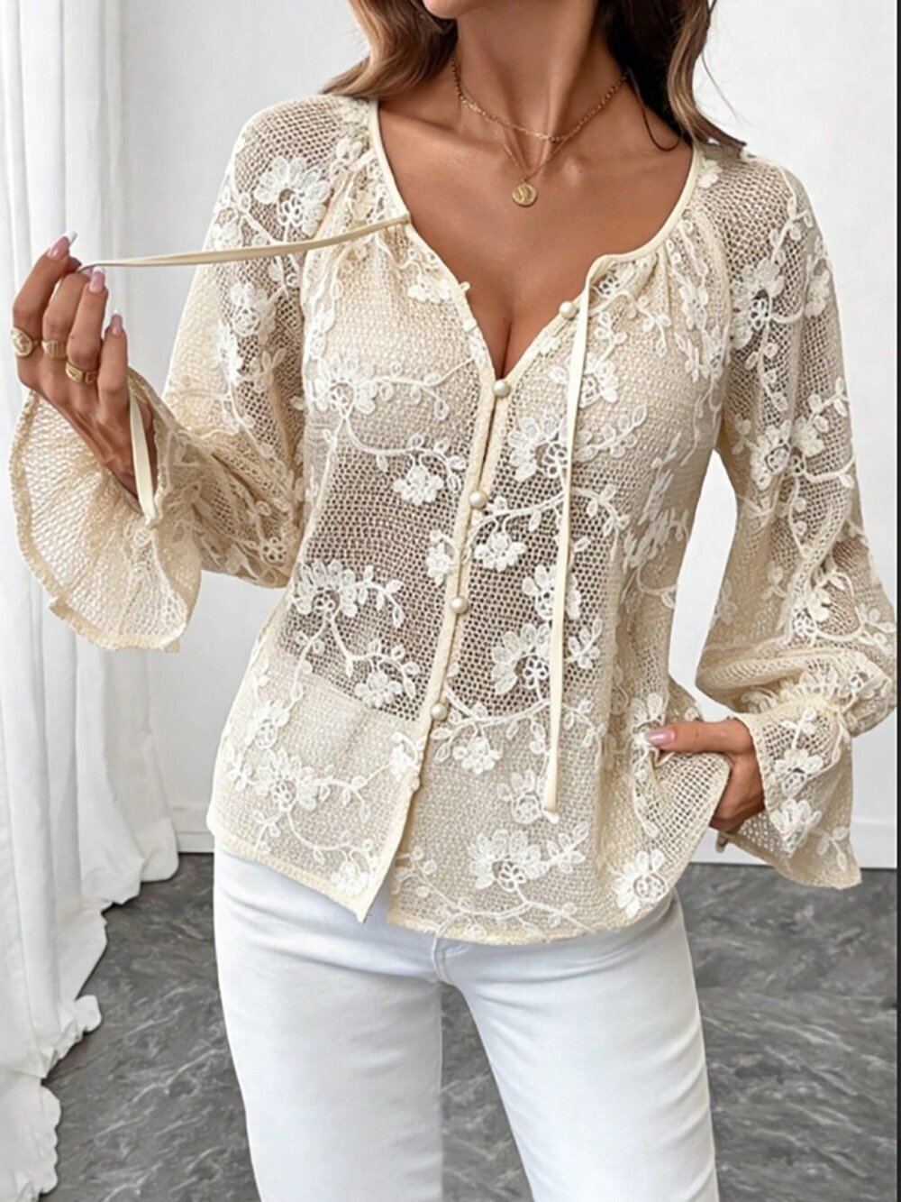 Apricot Casual Women's Floral Knit V-Neck Blouse with Pearl Buttons